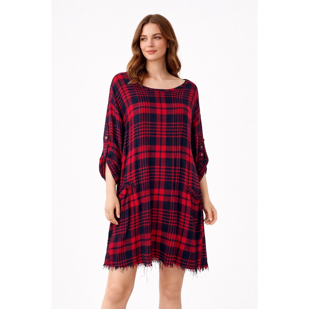 Umgee USA Plaid‎ Tunic Dress Frayed Hem Roll Tab Sleeve Red Navy XL
